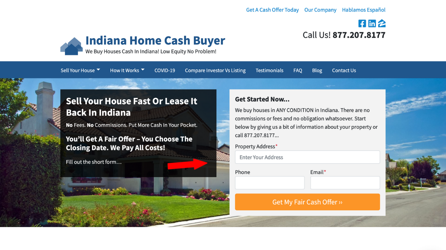 Indana Home Cash Buyer Lead Generation Landing Page